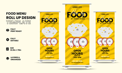 Fast food restaurant business marketing roll up or x banner template design with abstract background, logo and social media icon. Pizza, burger & healthy food sale web banner, rack card or flyer