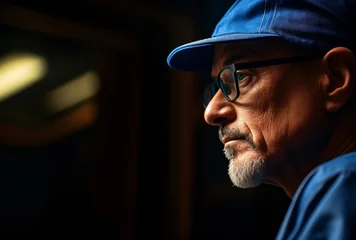 Fotobehang a bald man with blue glasses and cap stares at something in front of him japanese traditional close-up shots are backlit © IgnacioJulian