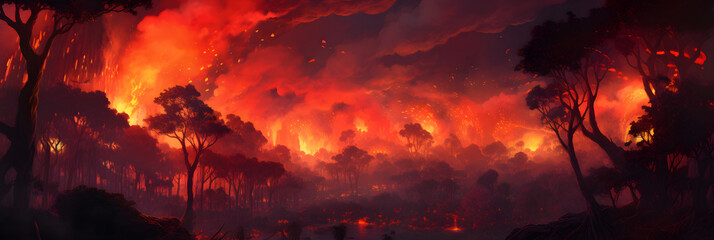 panorama of a forest fire, burning trees and bushes. conflagration, wildfire. flames and clouds of smoke in the jungle. an environmental disaster.