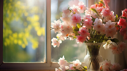 beautiful flowers in a vase with window
