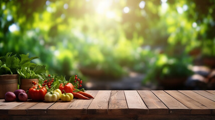 fresh organic vegetables on wooden background with copy space - obrazy, fototapety, plakaty