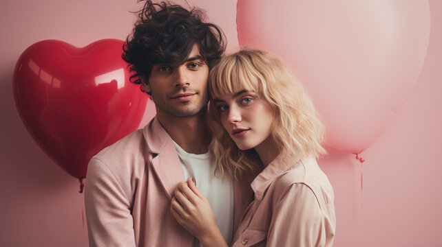 A Young Couple In Love Look At The Camera With Their Arms Around Each Other, Behind Them Red And Pink Hearts Frame The Scene On Valentine's Day.