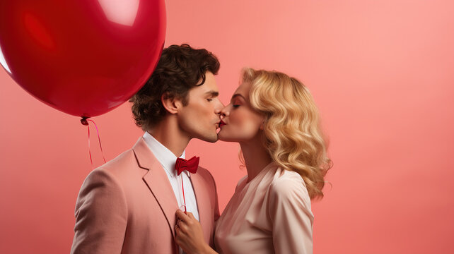 Young lovers kiss in a romantic pink image, they are very elegant and the decoration is a large red balloon