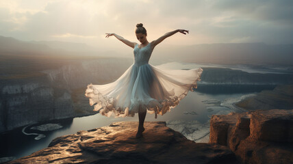 beautiful ballerina in a white dress on a rock in the mountains - obrazy, fototapety, plakaty