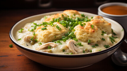 Fototapeta na wymiar Comforting Chicken and Dumplings with Fluffy Biscuits
