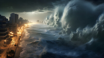 Tsunami, severe storm, flood. A giant wave rolls over the city on the coast. Strong water pressure washes away the town. - obrazy, fototapety, plakaty