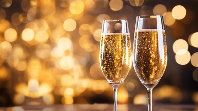 champagne glasses with blurred lights on background