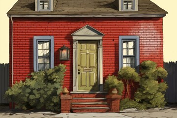 Fototapeta na wymiar saltbox house with carved wooden door, red brick facade, magazine style illustration