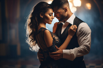 Beautiful couple woman and man dancing latina. Professional dancers. Romantic scene - obrazy, fototapety, plakaty