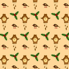 Beige seamless pattern with Christmas decor elements. Festive packaging with Christmas illustrations. Flat vector illustration.