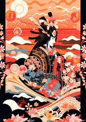 Vector Geisha Illustration colorful, generative Ai