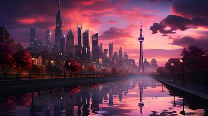 A futuristic city with a river in a pink haze.