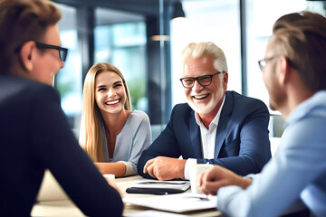 Fototapeta premium Mature employees and younger employees discussing work issues at the table, people working together