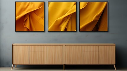 interior design with wooden chest of drawers and yellow curtain