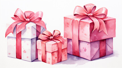 Watercolor Painting, Christmas Present Gift Box With Bow, Generative AI