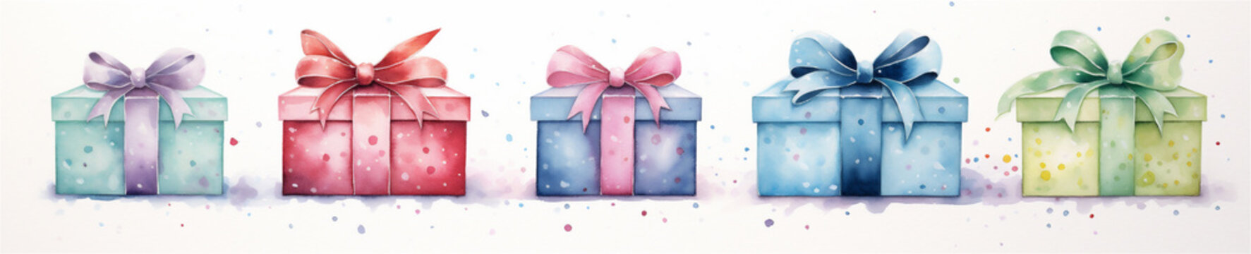 Watercolor Painting, Christmas Present Gift Box With Bow, Generative AI