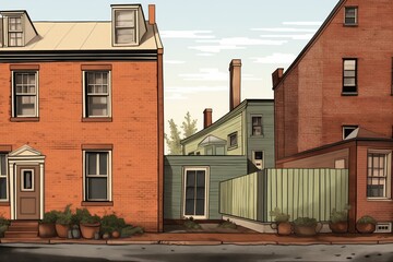 angle shot of saltbox houses brick facade and side yard, magazine style illustration