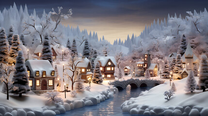 A snowy village scene for a virtual Christmas village display.