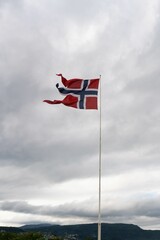 two flags flying in the sky with trees on the other side