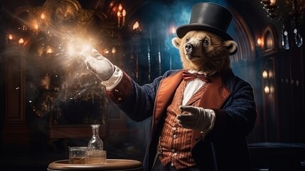 A bear with a magic stick, performing magic tricks - obrazy, fototapety, plakaty