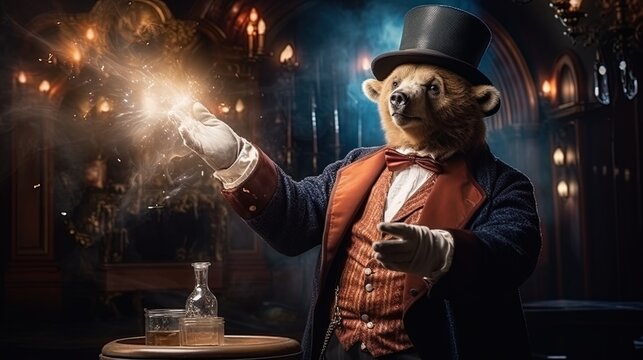 A bear with a magic stick, performing magic tricks