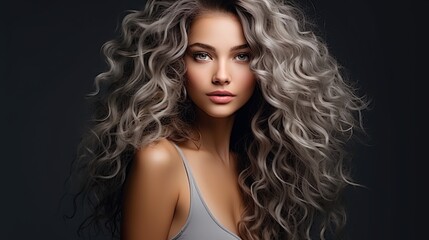 Fototapeta premium Sterling Elegance: Beautiful Woman with Curly Hair on Black