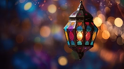 Zelfklevend Fotobehang Moroccan Elegance: Colorful Lantern Sways Against Bokeh Hues © JVLMediaUHD
