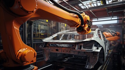 Smart Robot Integration in Automotive Factory: Light Orange and Dark Amber Aesthetics