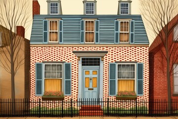 saltbox house with patterned window shutters and brickwork, magazine style illustration