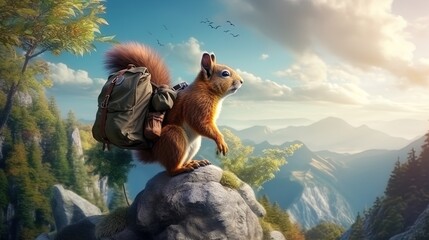 Squirrel-researcher, paving its path through a dense forest - obrazy, fototapety, plakaty