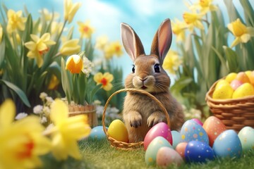 Fototapeta na wymiar Easter bunny in a basket. Ai generative