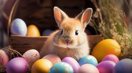 Fototapeta na wymiar Easter bunny and Easter eggs. Generative AI