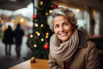 Beautiful smiling 65 year old woman, looking to the side, enjoying the festive spirit sitting in a decorated cafe with the Christmas tree and the street in the background. - obrazy, fototapety, plakaty