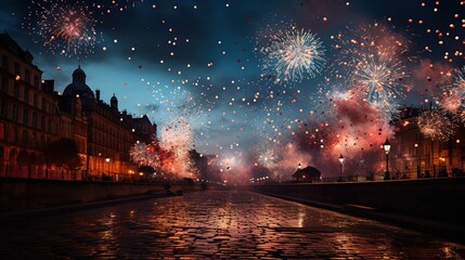 Fireworks in the city during the festival and happy new year. Ai generative
