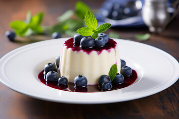 Delicious Italian dessert Panna Cotta with berry sauce, fresh berries and mint