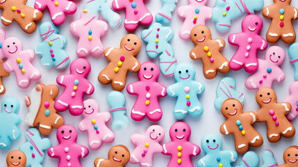 Closeup of many christmas gingerbread men colorful glazed cookies on light pink background, top view