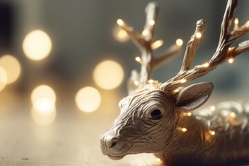 A magical festive Christmas deer covered in glowing lights on winter scene with bokeh lights background.