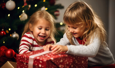 Fototapeta na wymiar Happy two smiling children opening christmas presents next to the xmas tree as bokeh on christmas eve