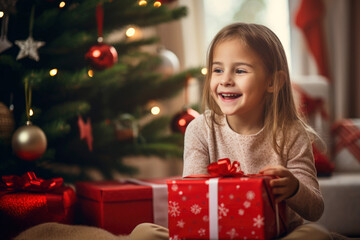 Little blonde girl, smiling with an expression of surprise, receiving a red Christmas gift box, next to the illuminated tree on Christmas Eve, in the living room. Looking to the side
