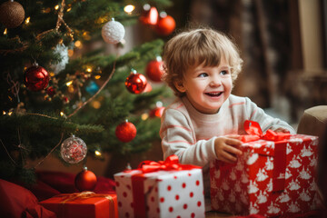 Little boy, smiling with an expression of surprise, receiving a red Christmas gift box, next to the illuminated tree on Christmas Eve, in the living room. Looking to the side