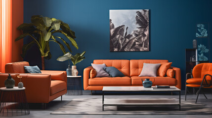 Un salon moderne avec des murs bleus, un canapé en cuir orange, des accessoires décoratifs, une grande plante verte et des œuvres d'art.