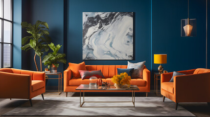 Un salon contemporain avec des murs bleus, un canapé et des fauteuils orange, une table basse en métal et des plantes vertes.