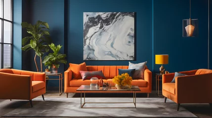 Fototapeten Un salon contemporain avec des murs bleus, un canapé et des fauteuils orange, une table basse en métal et des plantes vertes. © Gautierbzh