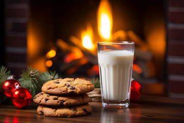 A glass of milk and chocolate chip cookies prepared for Santa Claus on Christmas 
