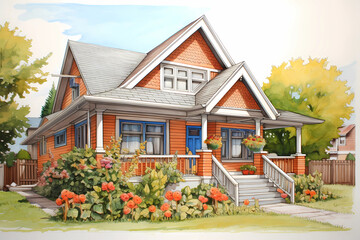 Fototapeta na wymiar Bungalow Style House (Cartoon Colored Pencil) - Originated in India in the 19th century, characterized by a low-pitched roof with wide eaves, a front porch, and a single-story layout
