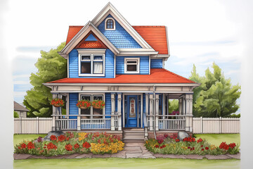 Colonial Dutch Style House (Cartoon Colored Pencil) - Originated in the United States in the 17th and 18th century, characterized by a gambrel roof with flared eaves and a central chimney