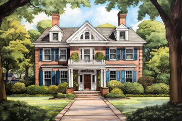 Colonial Revival Style House (Cartoon Colored Pencil) - United States in late 19th & early 20th century, characterized by symmetrical design, columns & pediments inspired by colonial architecture - obrazy, fototapety, plakaty
