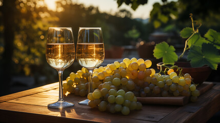 white wine in glasses, green grapes - obrazy, fototapety, plakaty