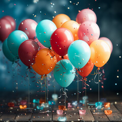 colorful balloons attached to strings and confetti floating in the air.