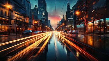 Fototapeta na wymiar View of the illuminated city at night. Ai generative